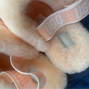 UGG Peach Pink Shearling Slippers with Logo Strap